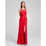 Červené dlouhé krajkové šaty s rozparkem 34-36