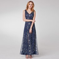 Modré dlouhé plesové šaty s rozparkem 34-36