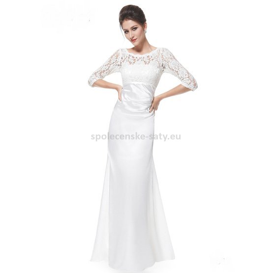 Bílé dlouhé pouzdrové šaty svatební s 3/4 krajkovým rukávem elegantní 38 M