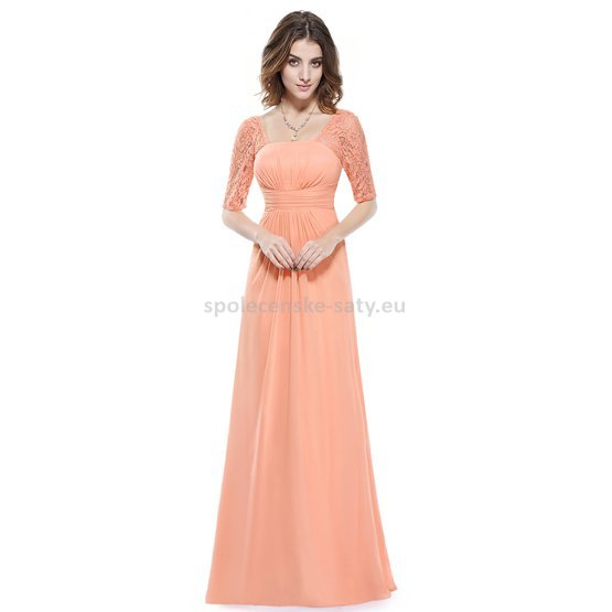 Broskvové dlouhé šifonové šaty s krajkovým rukávem elegantní večerní šaty 40 L