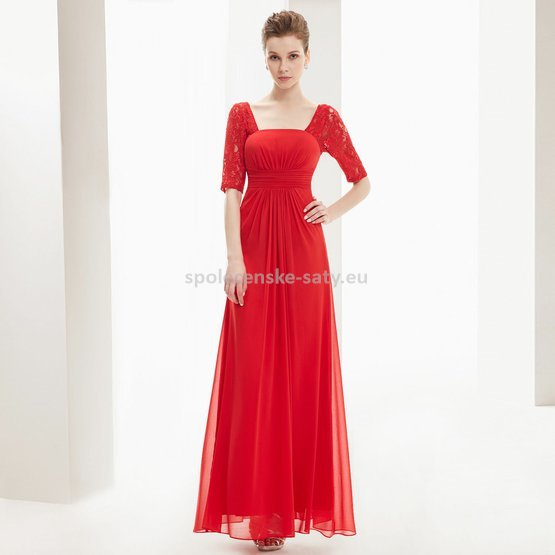 Červené dlouhé šifonové šaty s krajkovým rukávem 34 XS