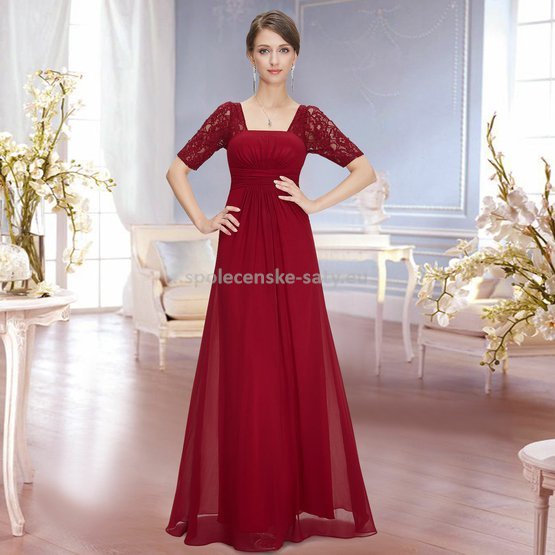 Červené vínové dlouhé šifonové šaty s krajkovým rukávem elegantní šaty 38 M