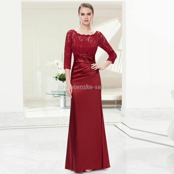 Vínově červené dlouhé pouzdrové šaty s 3/4 krajkovým rukávem elegantní 34 XS