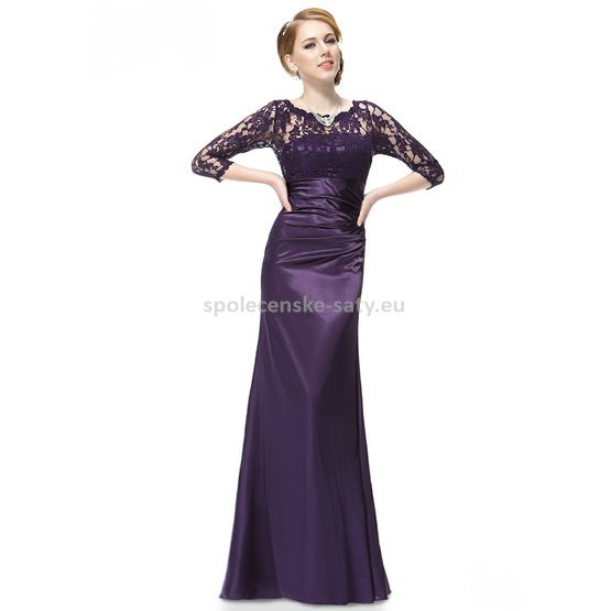 Fialové dlouhé pouzdrové šaty s 3/4 krajkovým rukávem elegantní 34 XS