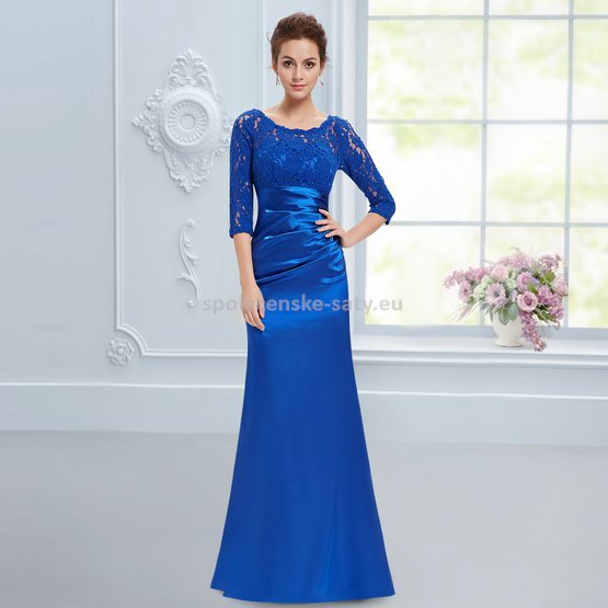 Modré dlouhé pouzdrové šaty s 3/4 krajkovým rukávem elegantní 40 L