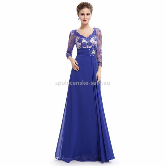 Modré dlouhé společenské šaty s rukávem na vysoké pro svatební matky 36 S