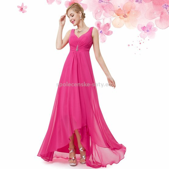 Růžové pink plesové šaty vzadu delší na svatbu do tanečních 34 XS
