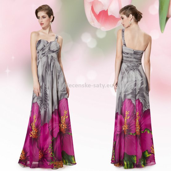 Šedé dlouhé letní společenské šaty s fialovými květy 34 XS