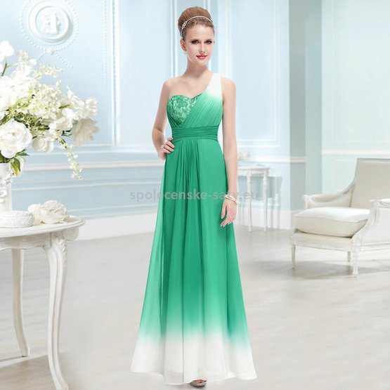 Zelené dlouhé společenské šaty s krémovou na jedno rameno 40 L
