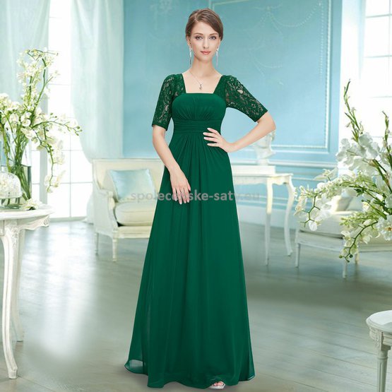 Zelené dlouhé společenské šaty večerní s krajkovým rukávem 38 M